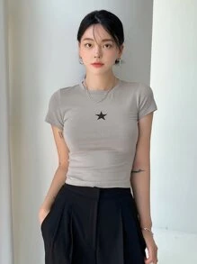 DAZY Women Star Print Crop Tee Y2k - Grey - View 5