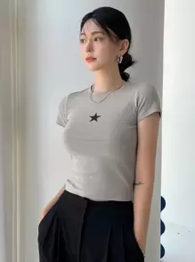 DAZY Women Star Print Crop Tee Y2k - Grey - View 6