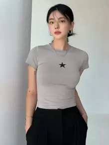 DAZY Women Star Print Crop Tee Y2k - Grey - View 7