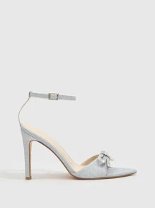 水鑽和蝴蝶結裝飾踝帶涼鞋 - 銀色 - 查看 6