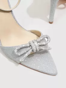 水鑽和蝴蝶結裝飾踝帶涼鞋 - 銀色 - 查看 4