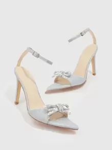 水鑽和蝴蝶結裝飾踝帶涼鞋 - 銀色 - 查看 5