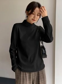 DAZY 纯色立领T恤，秋季女装长袖上衣 - 黑色 - 查看 2