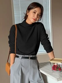 DAZY 纯色立领T恤，秋季女装长袖上衣 - 黑色 - 查看 5
