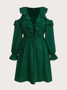 SHEIN Unity Plus Cold Shoulder Flounce Sleeve Ruffle Trim Knot Front Dress