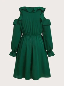 SHEIN Unity Plus Cold Shoulder Flounce Sleeve Ruffle Trim Knot Front Dress
