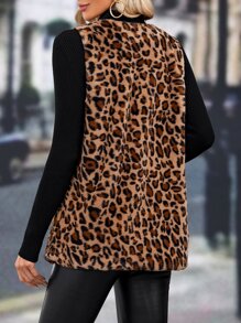 SHEIN LUNE Abrigo chaleco con estampado de leopardo con parte delantera abierta de peluche - Multicolor - Ver 4
