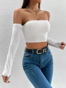 SHEIN PETITE Solid Off Shoulder Crop Off Shoulder Top - White - View 4
