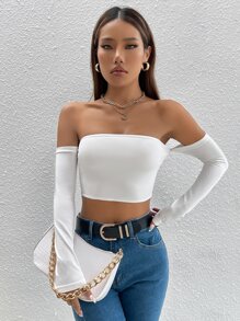 SHEIN PETITE Solid Off Shoulder Crop Off Shoulder Top - White - View 5
