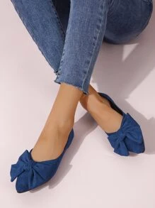 Faux Suede Bow Decor Point Toe Ballet Flats - Blue - View 2