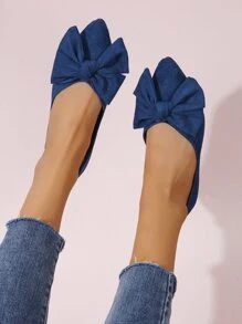 Faux Suede Bow Decor Point Toe Ballet Flats - Blue - View 3