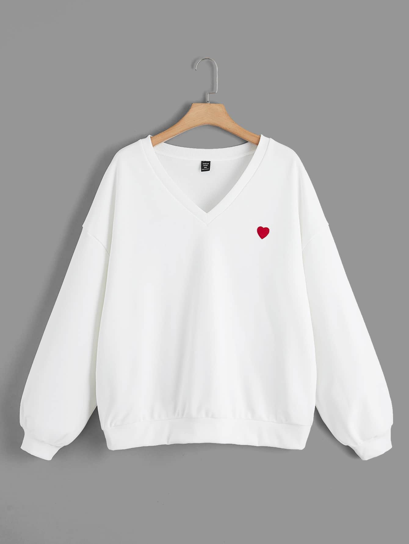 SHEIN EZwear Plus Heart Embroidery Drop Shoulder Sweatshirt/Valentine's Day - White - View 1