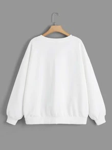 SHEIN EZwear Plus Heart Embroidery Drop Shoulder Sweatshirt/Valentine's Day - White - View 3