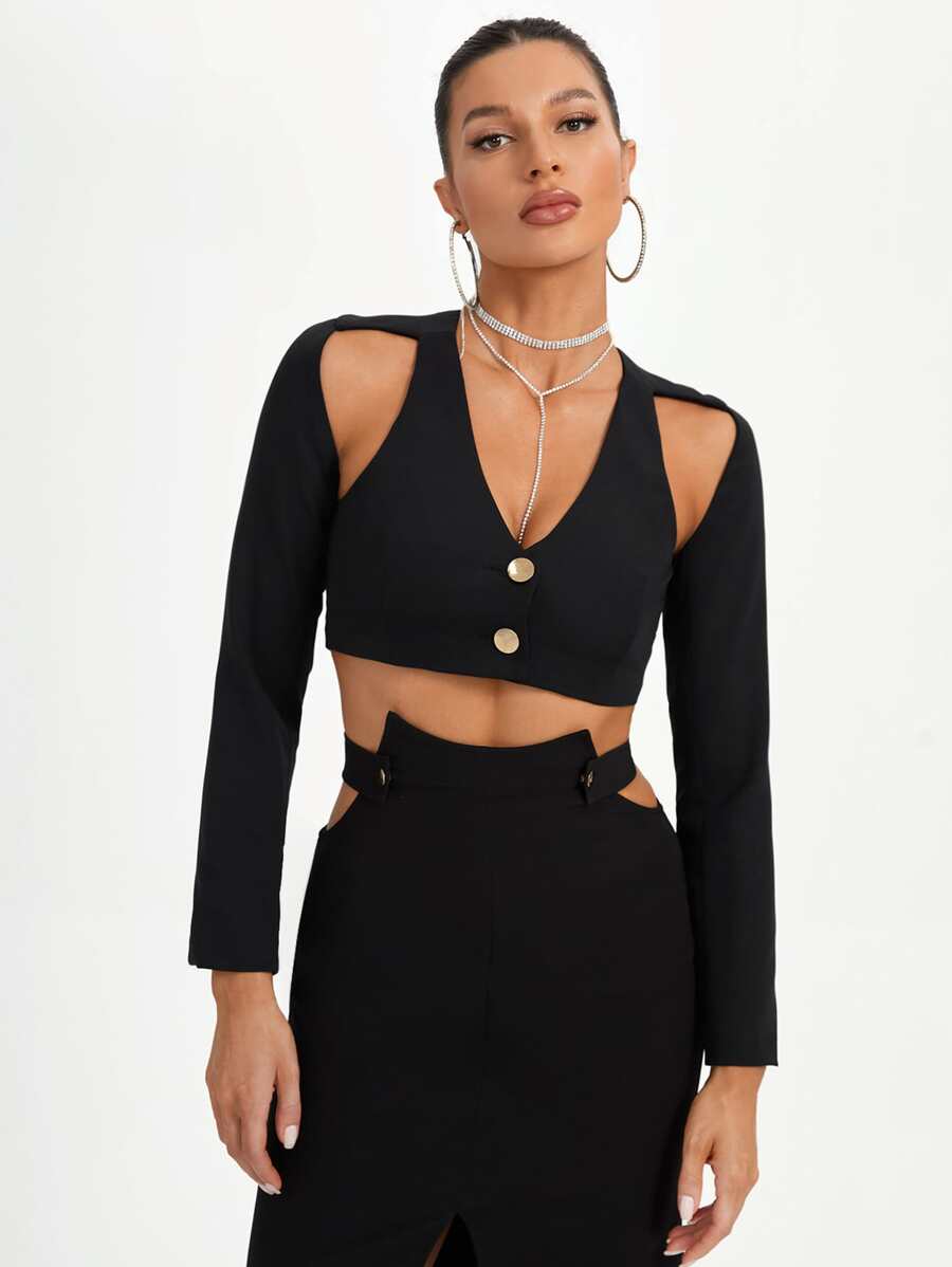 MAY‘G 设计师剪裁纽扣前短款上衣 - 黑色 - 查看 1