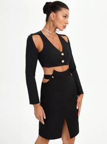 MAY‘G 设计师剪裁纽扣前短款上衣 - 黑色 - 查看 4