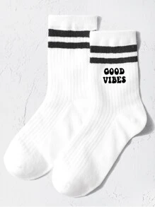 1 pair of children's letter vertical parallel bars sports socks for back to school - Black and White - View 2