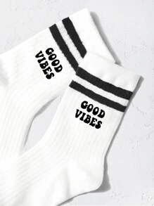 1 pair of children's letter vertical parallel bars sports socks for back to school - Black and White - View 3
