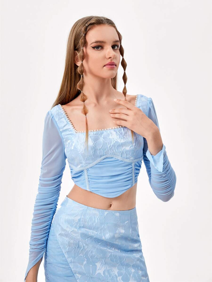 Becci Designer Floral Pattern Ruched Pearl Detail Crop Top, For Holiday - Baby Blue - View 1