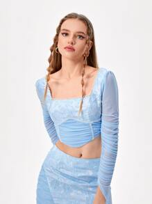 Becci Designer Floral Pattern Ruched Pearl Detail Crop Top, For Holiday - Baby Blue - View 4