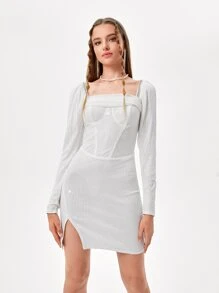 Becci Solid Sequins Slit Hem Dress - White - View 1