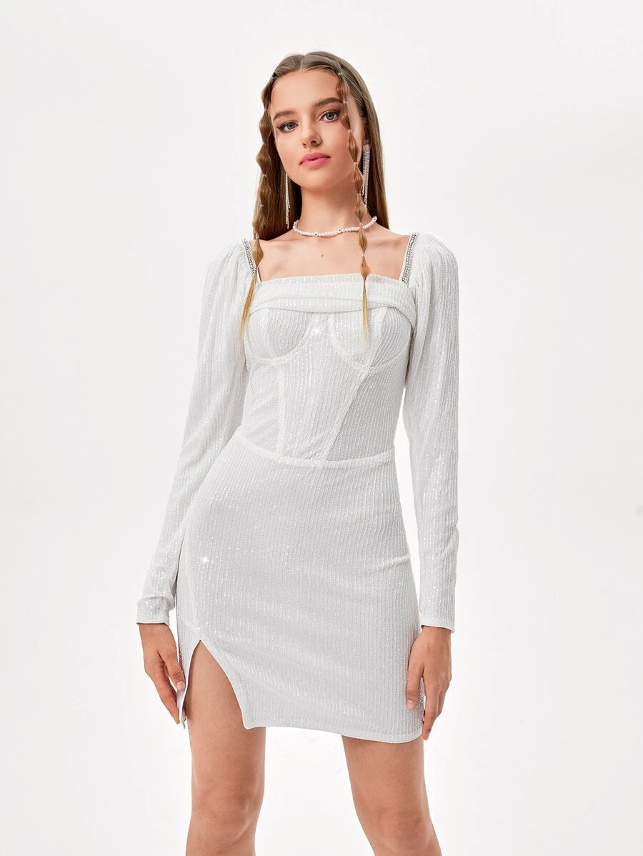 Becci Solid Sequins Slit Hem Dress - White - View 1