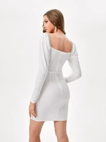 Becci Solid Sequins Slit Hem Dress - White - View 2