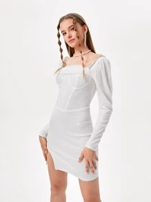 Becci Solid Sequins Slit Hem Dress - White - View 4