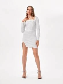 Becci Solid Sequins Slit Hem Dress - White - View 6