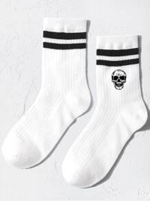 1pair Kids' Vertical Striped Double Bars Skull Sports Mid-calf Socks, Great For Back-to-school Outfits - Black and White - View 2