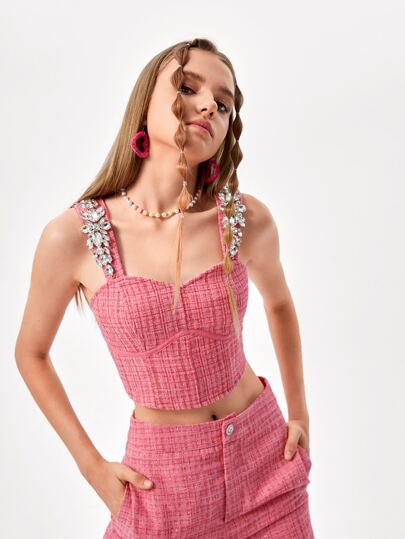 Becci Top de tirantes corto floral con diamante de imitación