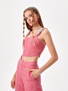 Becci Floral Rhinestone Crop Cami Top - Watermelon Pink - View 3