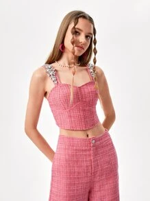 Becci Floral Rhinestone Crop Cami Top - Watermelon Pink - View 4