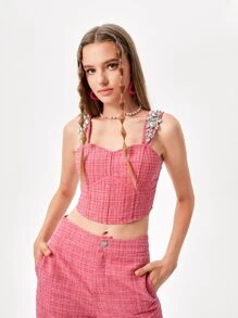 Becci Floral Rhinestone Crop Cami Top - Watermelon Pink - View 6