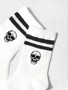 1pair Kids' Vertical Striped Double Bars Skull Sports Mid-calf Socks, Great For Back-to-school Outfits - Black and White - View 4