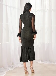 Modelyn Contrast Mesh Fuzzy Cuff Mermaid Hem Glitter Dress - Black - View 2