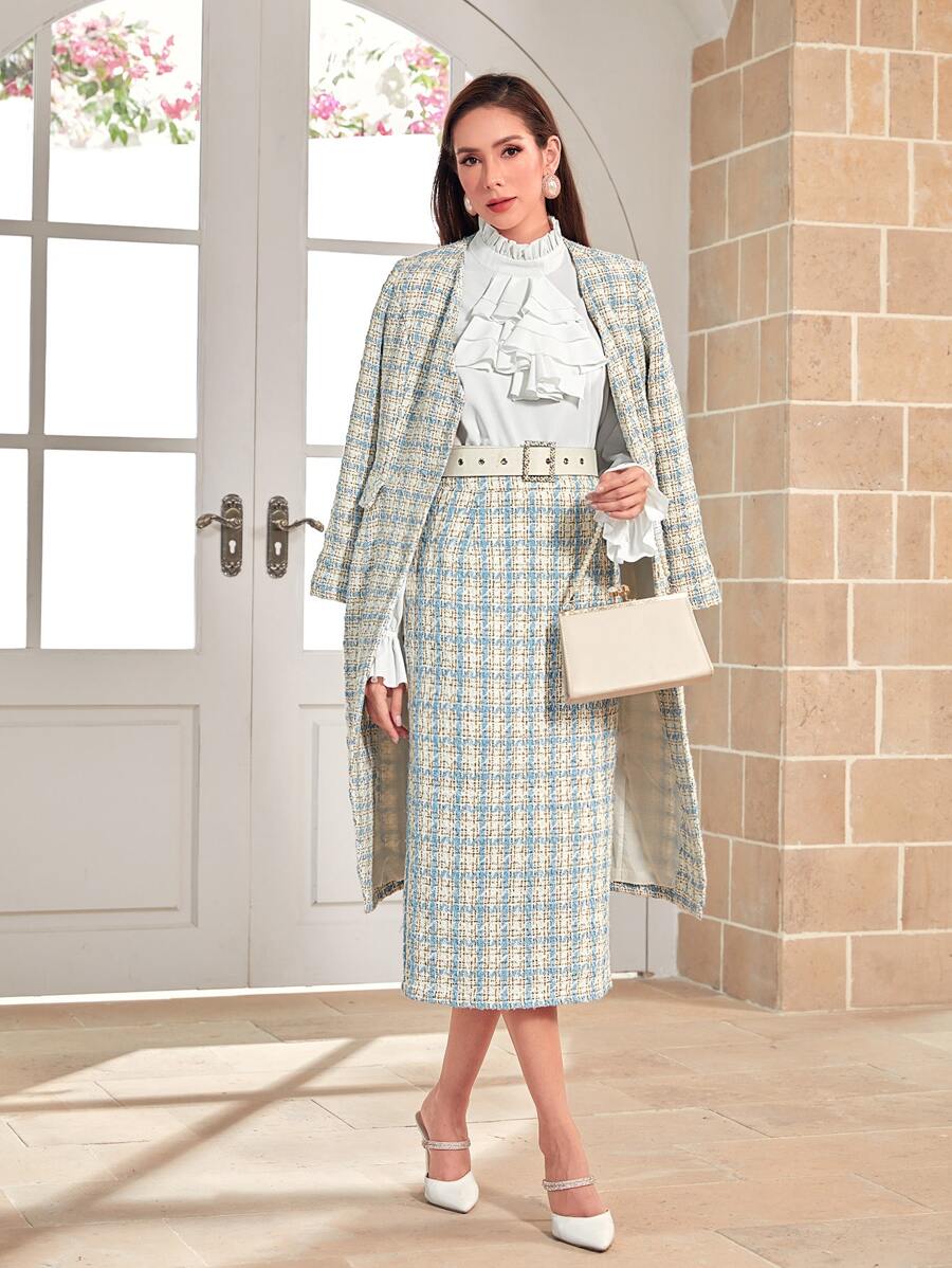 Modelyn Plaid Print Split Hem Tweed Skirt Without Belt