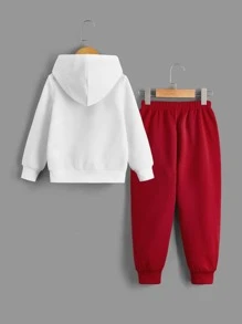 SHEIN 2 件套年轻男孩汽车印花羊毛连帽运动衫和裤子套装，秋冬 - 紅白色 - 查看 2