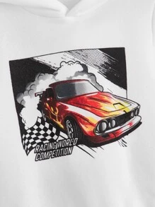 SHEIN 2 件套年轻男孩汽车印花羊毛连帽运动衫和裤子套装，秋冬 - 紅白色 - 查看 3