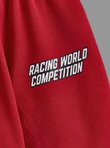 SHEIN 2 件套年轻男孩汽车印花羊毛连帽运动衫和裤子套装，秋冬 - 紅白色 - 查看 4