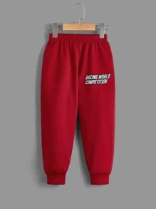 SHEIN 2 件套年轻男孩汽车印花羊毛连帽运动衫和裤子套装，秋冬 - 紅白色 - 查看 5