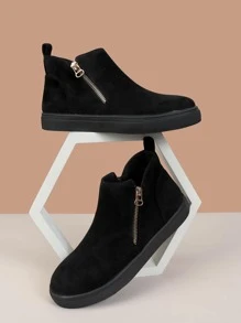 Women's Fashionable Soft And Comfortable Round Toe Side Zipper Casual Shoes With Stitching And Hollow Out Rubber Sole Design - Black - View 1