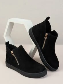 Women's Fashionable Soft And Comfortable Round Toe Side Zipper Casual Shoes With Stitching And Hollow Out Rubber Sole Design - Black - View 2