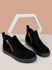 Women's Fashionable Soft And Comfortable Round Toe Side Zipper Casual Shoes With Stitching And Hollow Out Rubber Sole Design - Black - View 3