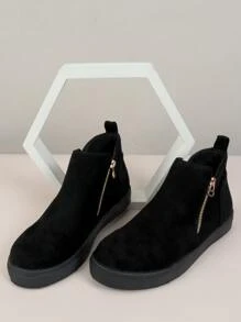 Women's Fashionable Soft And Comfortable Round Toe Side Zipper Casual Shoes With Stitching And Hollow Out Rubber Sole Design - Black - View 5