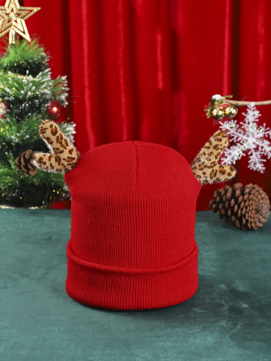 1 pieza Gorro de punto estilo cuernos de reno navideño con lindos orejeros - Rojo - Ver 1