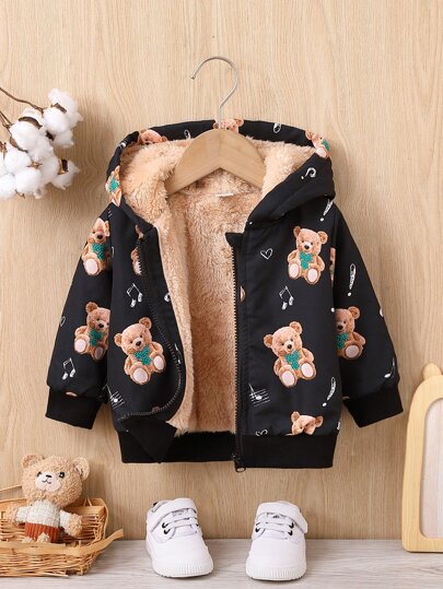 Baby Boy Bear Print Teddy Lined Hooded Jacket