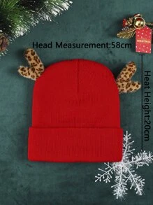 1 pieza Gorro de punto estilo cuernos de reno navideño con lindos orejeros - Rojo - Ver 4