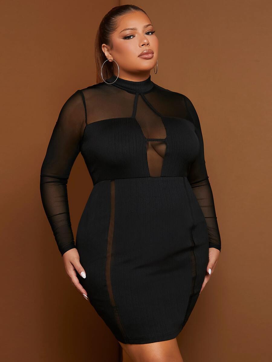 SHEIN SXY Plus Mesh Insert Mock Neck Bodycon Dress - Black - View 1