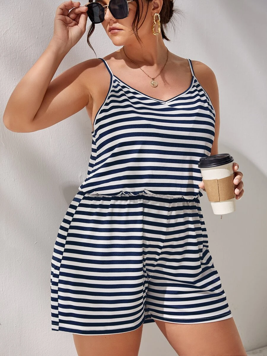 SHEIN LUNE 夏季加大条纹吊带连体衣 - 藍白色 - 查看 1