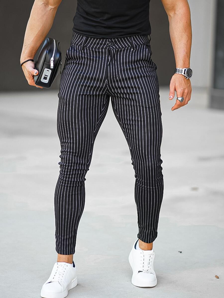 Men Striped Skinny Trousers - Black - View 1